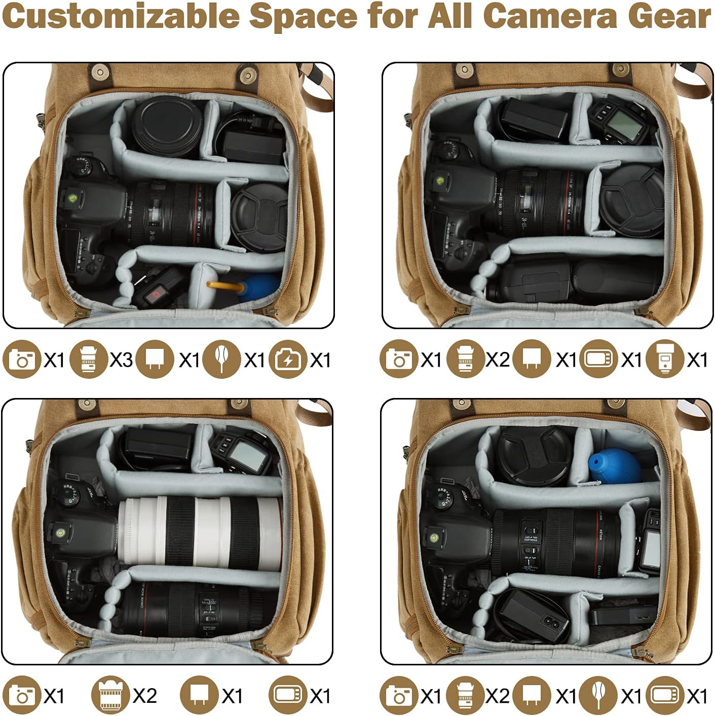 BAGSMART Camera Backpack, DSLR Camera Bag, Waterproof Camera Bag Backpack for Photographers, Fit up to 15" Laptop with Rain Cover and Tripod Holder, Khaki - Image 3