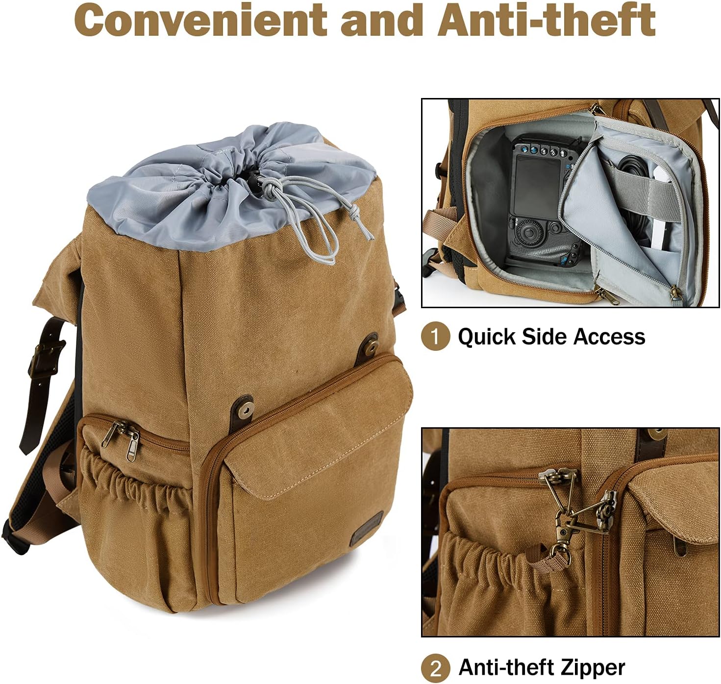 BAGSMART Camera Backpack, DSLR Camera Bag, Waterproof Camera Bag Backpack for Photographers, Fit up to 15" Laptop with Rain Cover and Tripod Holder, Khaki - Image 4